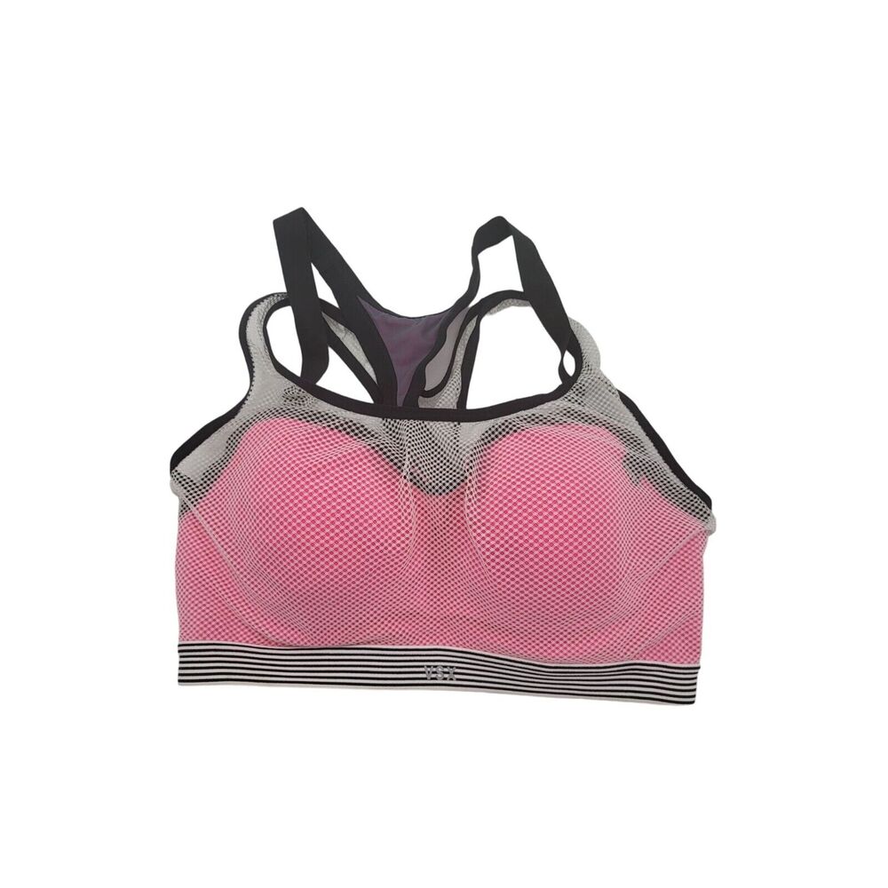 Victoria Secret Sport Bra‎ 32DD Womens Pink Mesh Overlay Striped Underwired